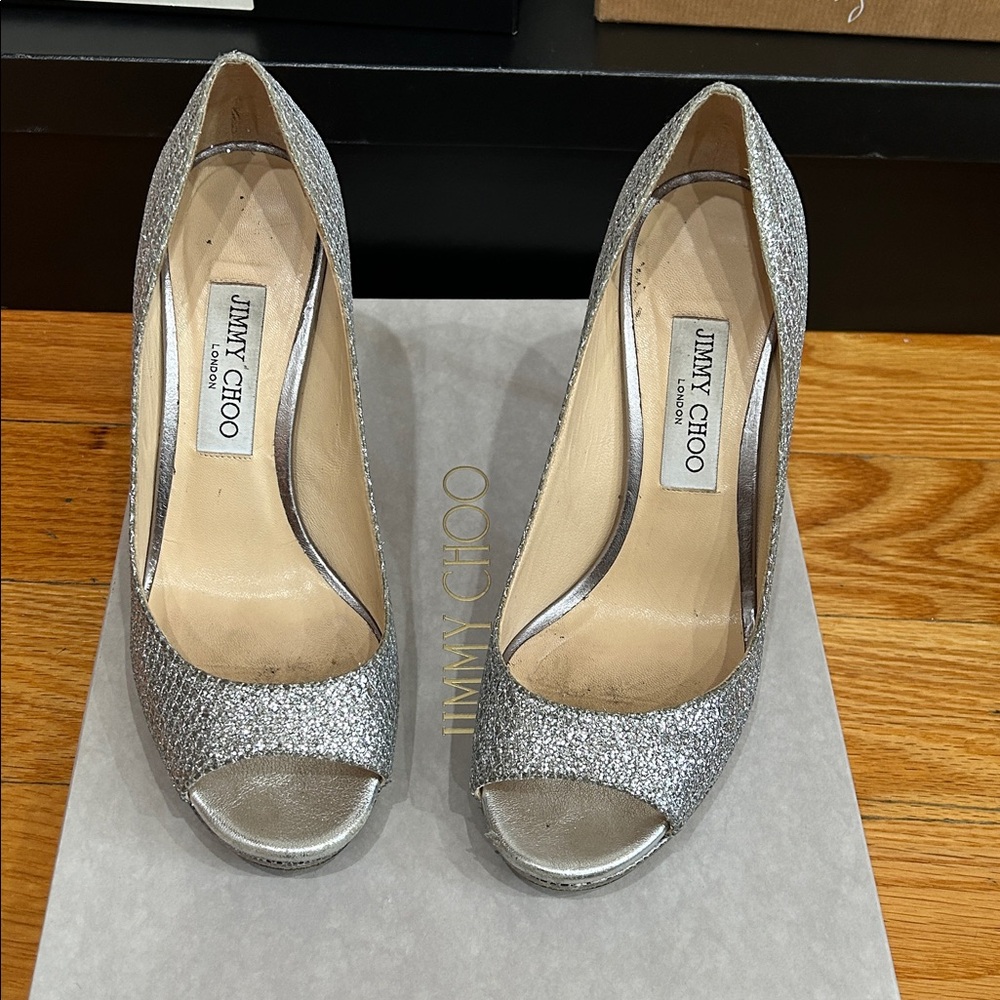 Jimmy Choo Sparkling Silver Peep Toe Pumps